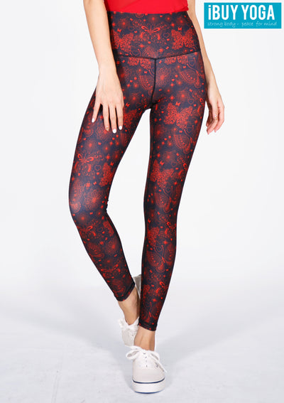 IBY-Long yoga pants, model 535S - Butterfly Red pattern