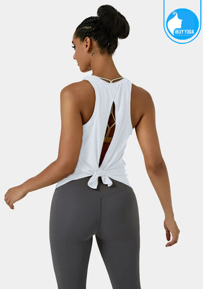 IBY - Tie back tank, stretchy exercise tank top, Tie model - White