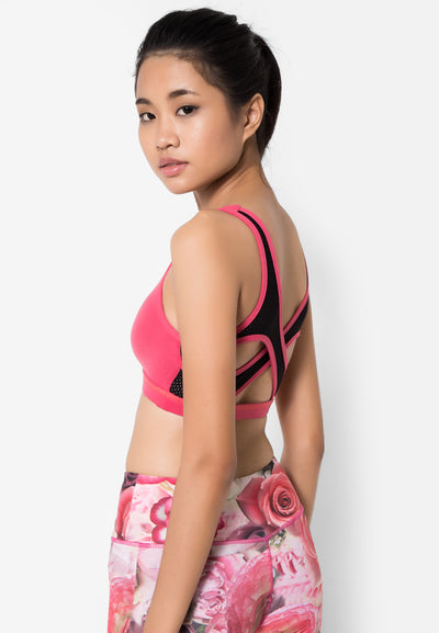 Sports bra, yoga bra, exercise bra, Fitz - Black Mesh Bra - Watermelon Red *Ready to ship*